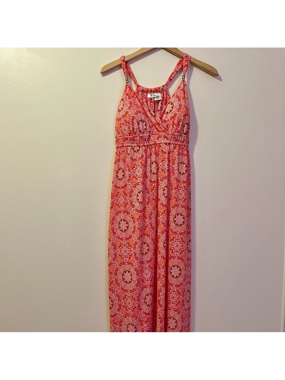 Allison Brittney Coral Pink Red Medallion Print Maxi Dress XL Sleeveless Boho